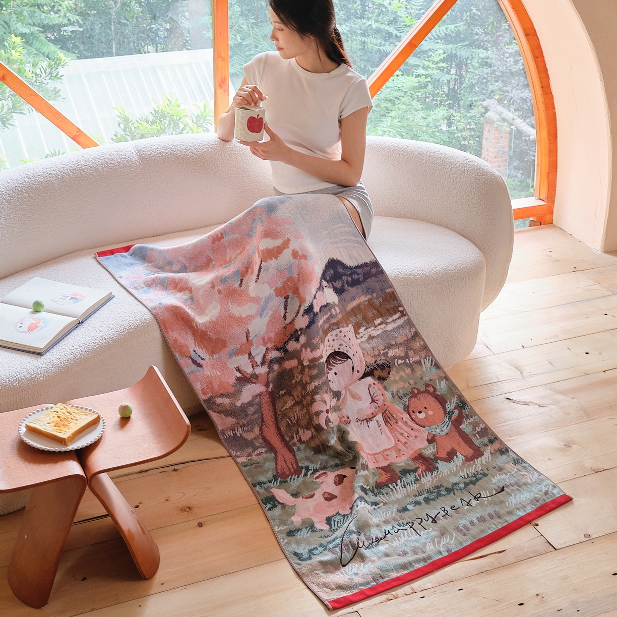 91家纺网 家纺一手货源 找家纺 沐瑟家纺 2025新款卡通A类全棉四层纱布浴巾加大毛巾-第一组 樱花树下 80*160cm