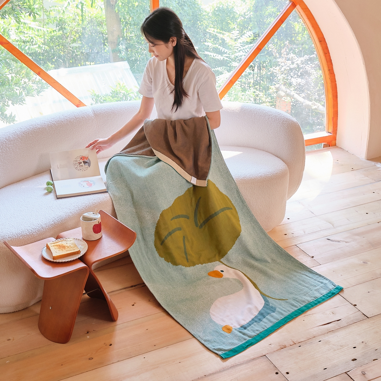 91家纺网 家纺一手货源 找家纺 沐瑟家纺 2025新款卡通A类全棉四层纱布浴巾加大毛巾-第一组 荷叶鸭 80*160cm