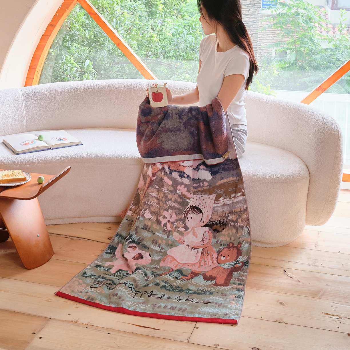 91家纺网 家纺一手货源 找家纺 沐瑟家纺 2025新款卡通A类全棉四层纱布浴巾加大毛巾-第一组 樱花树下 80*160cm