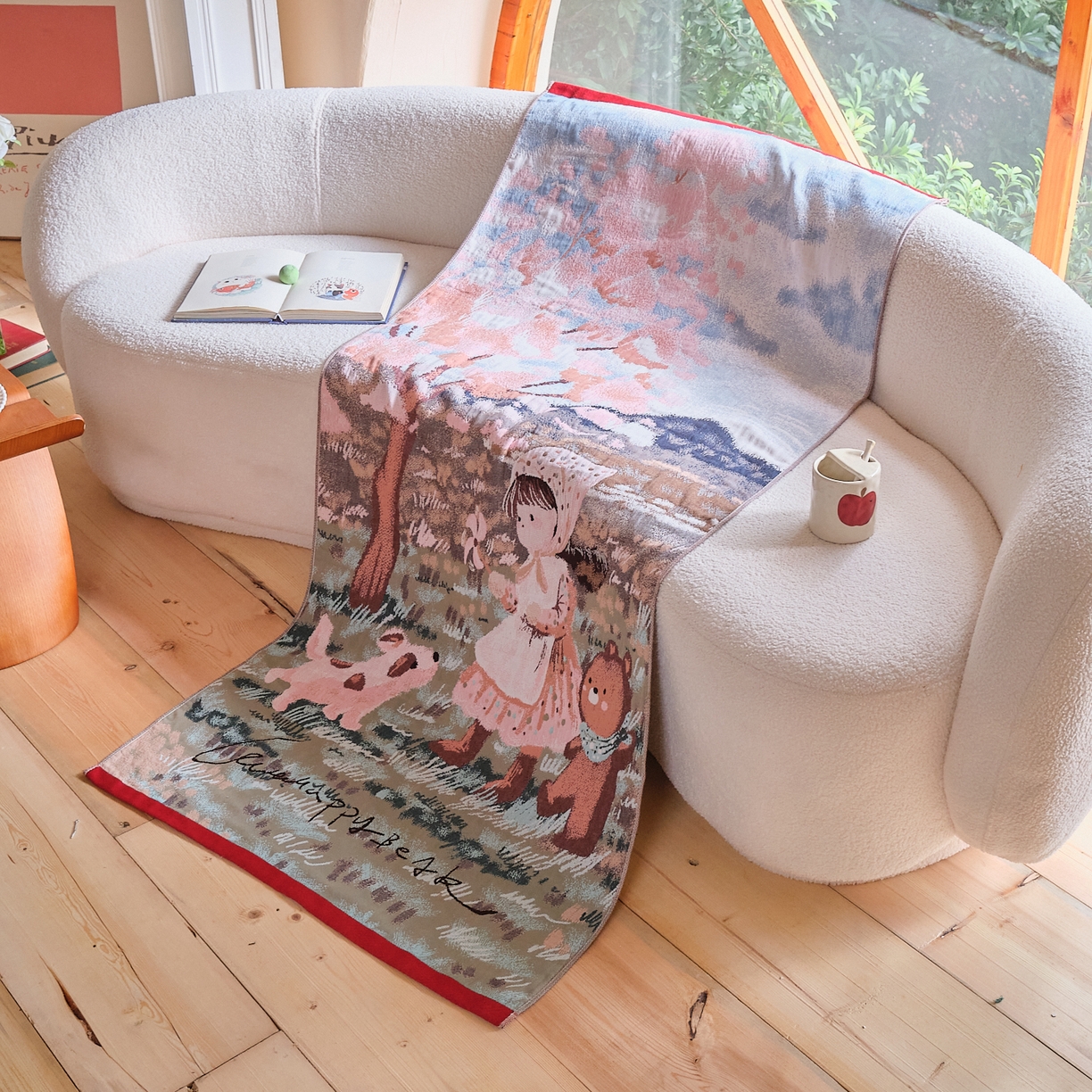 91家纺网 家纺一手货源 找家纺 沐瑟家纺 2025新款卡通A类全棉四层纱布浴巾加大毛巾-第一组 樱花树下 80*160cm