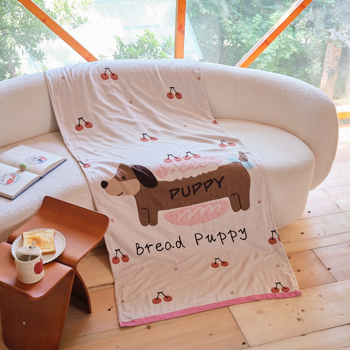 91家纺网 家纺一手货源 找家纺 沐瑟家纺 2025新款卡通A类全棉四层纱布浴巾加大毛巾-第一组 腊肠狗 80*160cm