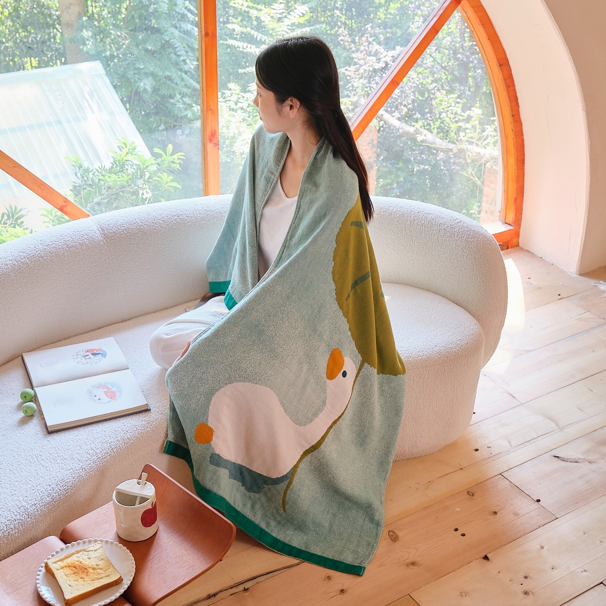 91家纺网 家纺一手货源 找家纺 沐瑟家纺 2025新款卡通A类全棉四层纱布浴巾加大毛巾-第一组 荷叶鸭 80*160cm