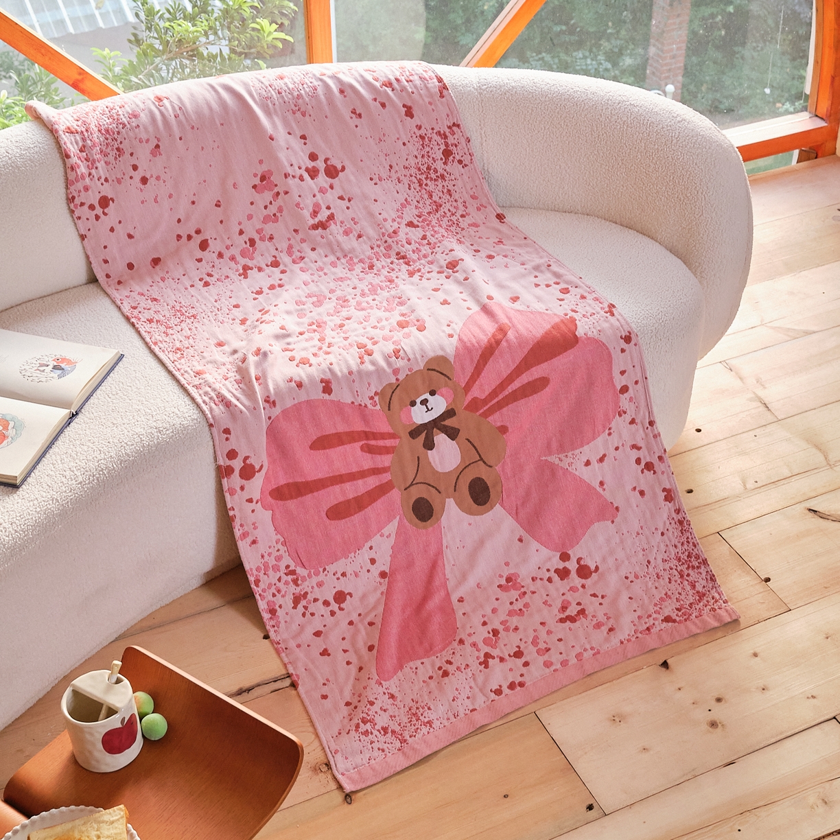 91家纺网 家纺一手货源 找家纺 沐瑟家纺 2025新款卡通A类全棉四层纱布浴巾加大毛巾-第一组 蝴蝶熊 80*160cm