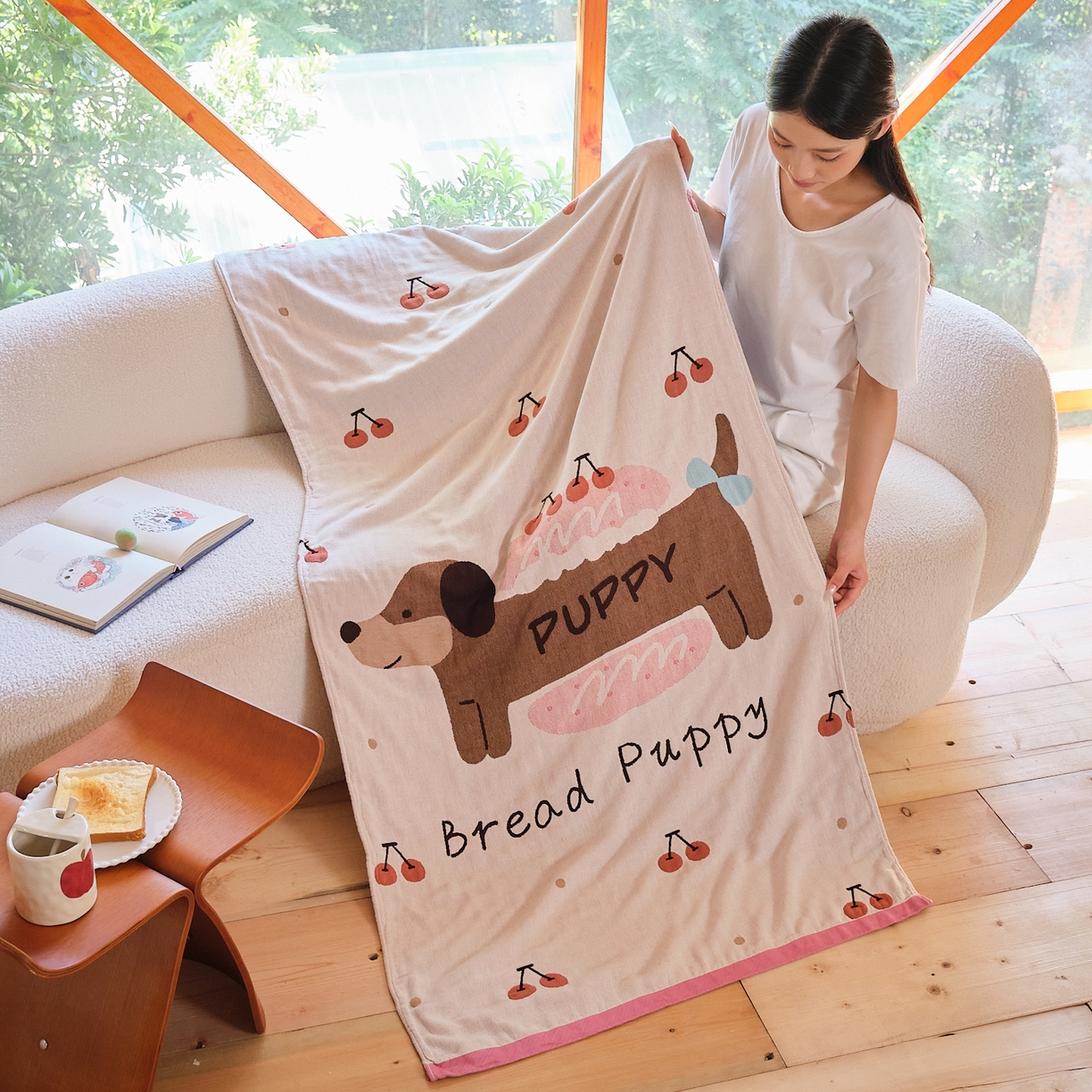 91家纺网 家纺一手货源 找家纺 沐瑟家纺 2025新款卡通A类全棉四层纱布浴巾加大毛巾-第一组 腊肠狗 80*160cm