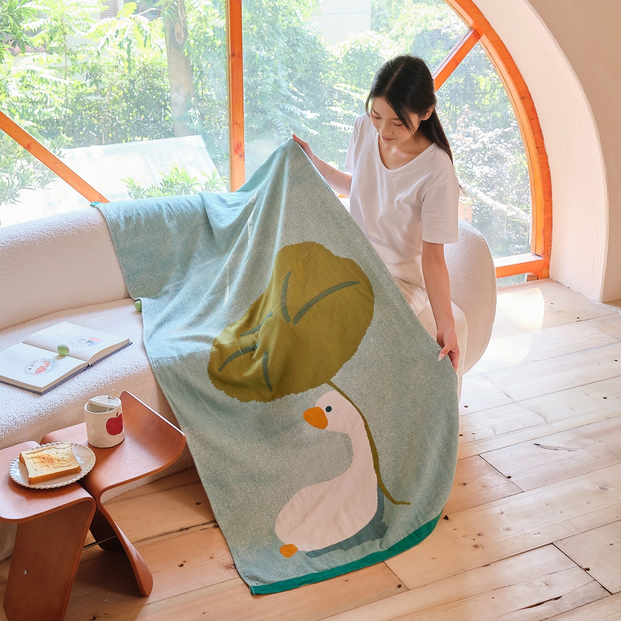 91家纺网 家纺一手货源 找家纺 沐瑟家纺 2025新款卡通A类全棉四层纱布浴巾加大毛巾-第一组 荷叶鸭 80*160cm