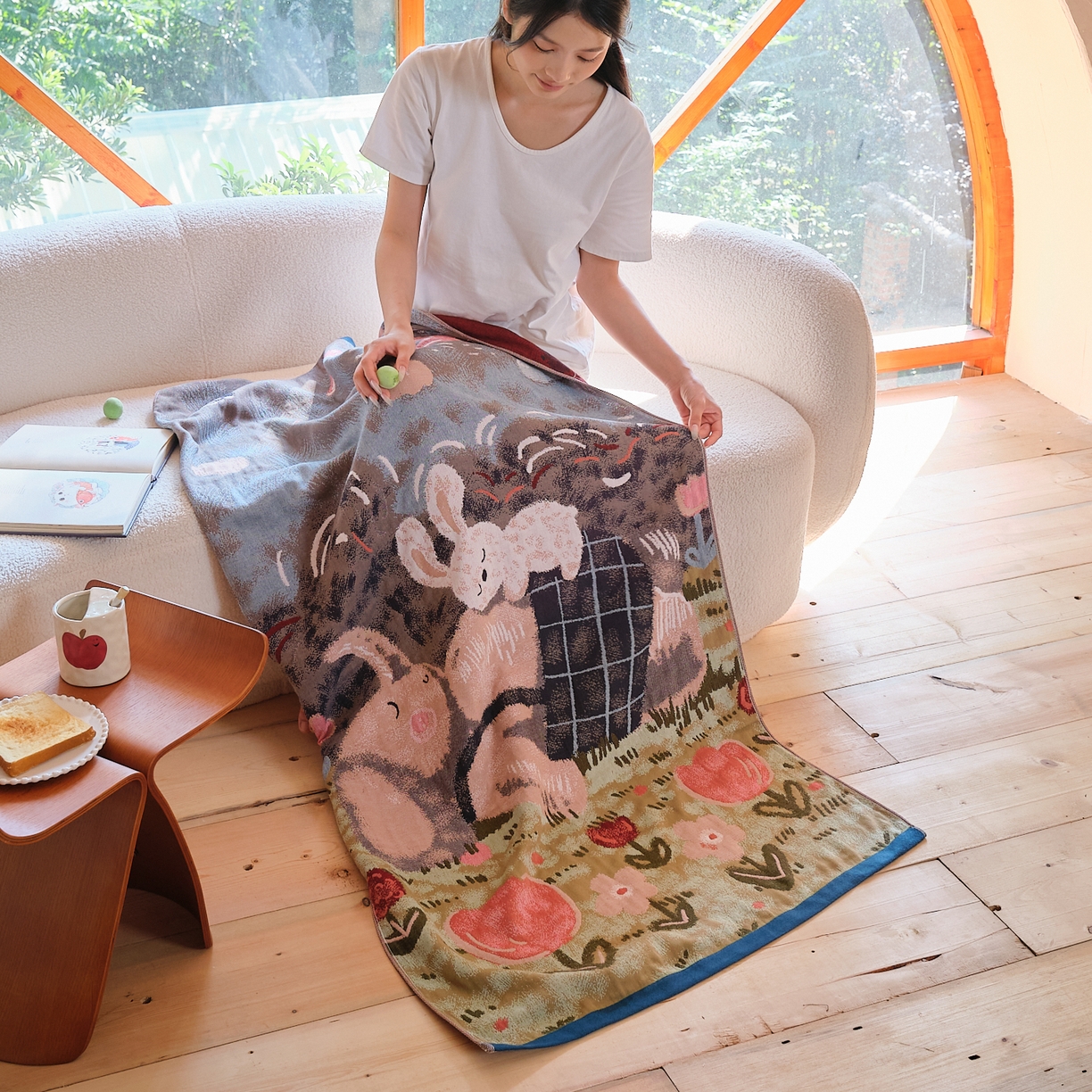 91家纺网 家纺一手货源 找家纺 沐瑟家纺 2025新款卡通A类全棉四层纱布浴巾加大毛巾-第一组 酣睡象 80*160cm