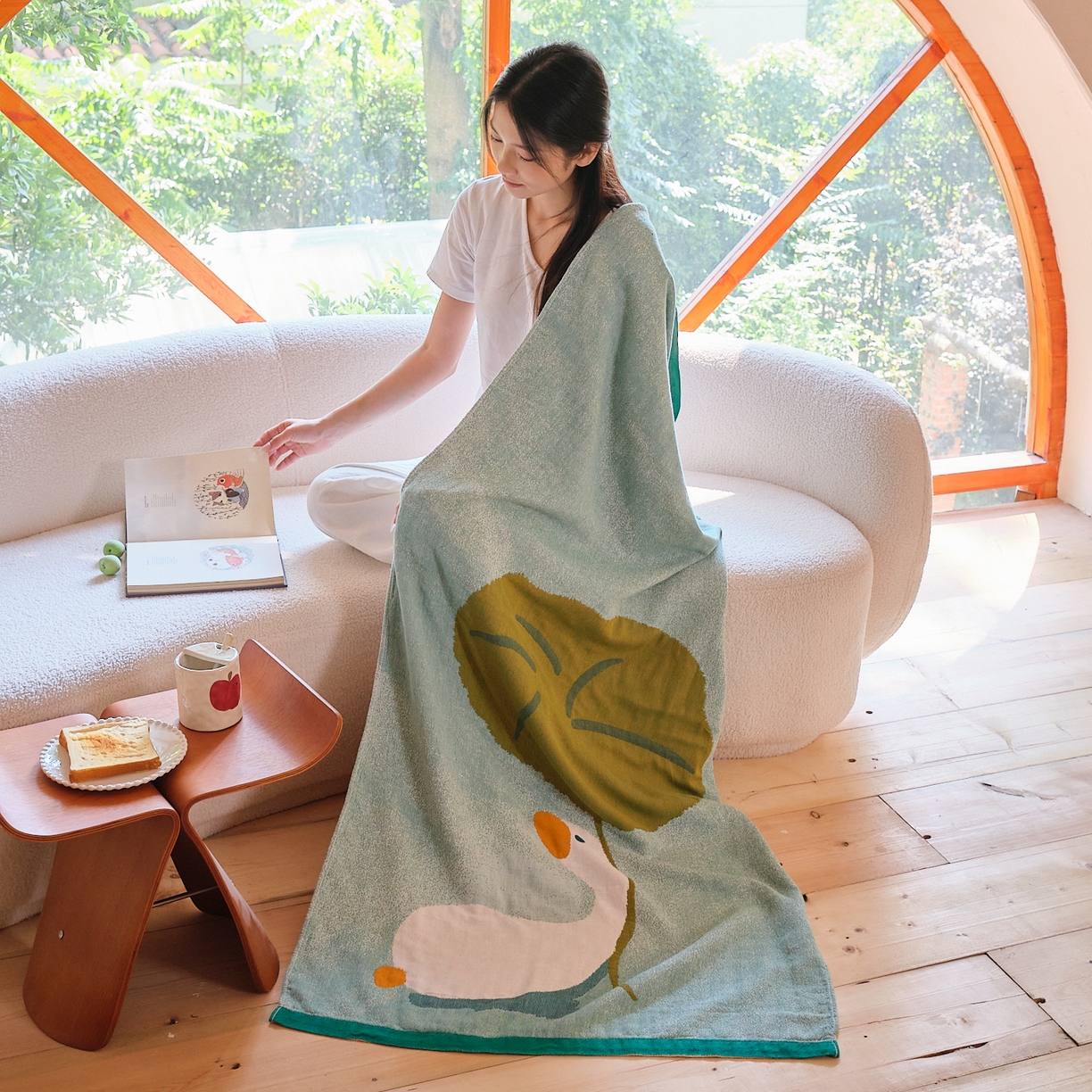 91家纺网 家纺一手货源 找家纺 沐瑟家纺 2025新款卡通A类全棉四层纱布浴巾加大毛巾-第一组 荷叶鸭 80*160cm