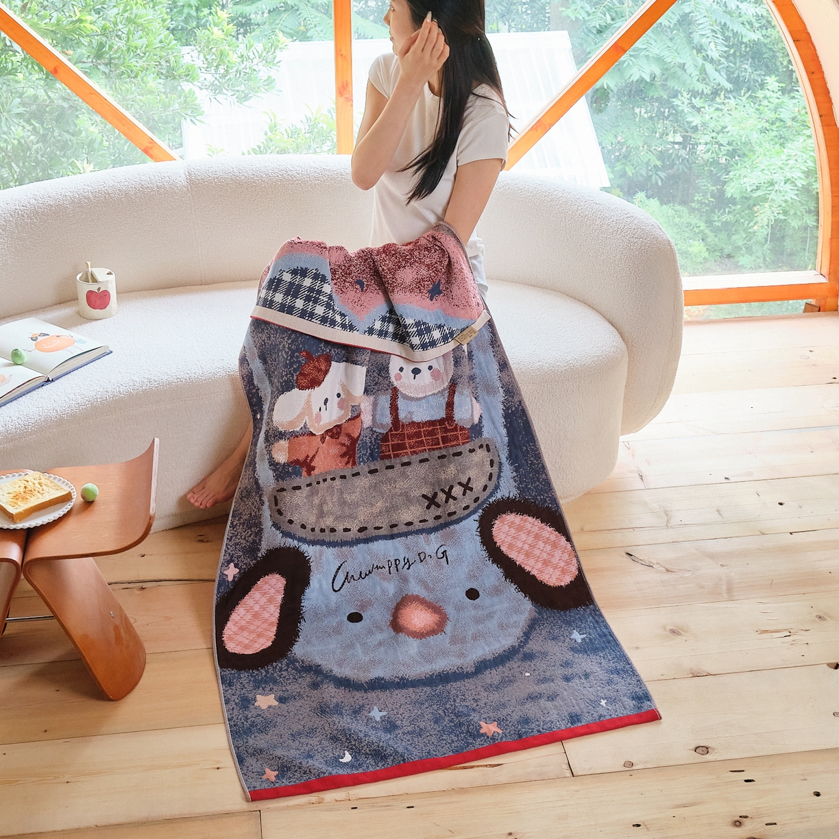 91家纺网 家纺一手货源 找家纺 沐瑟家纺 2025新款卡通A类全棉四层纱布浴巾加大毛巾-第一组 小熊包包 80*160cm