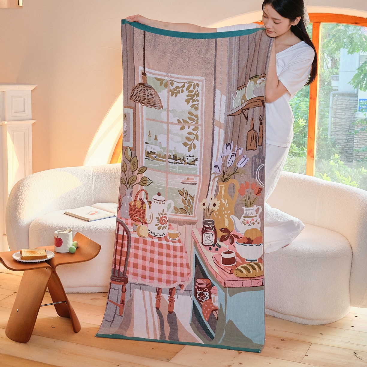 沐瑟家纺 2025新款卡通A类全棉四层纱布浴巾加大毛巾-第一组 悠闲时光 80*160cm