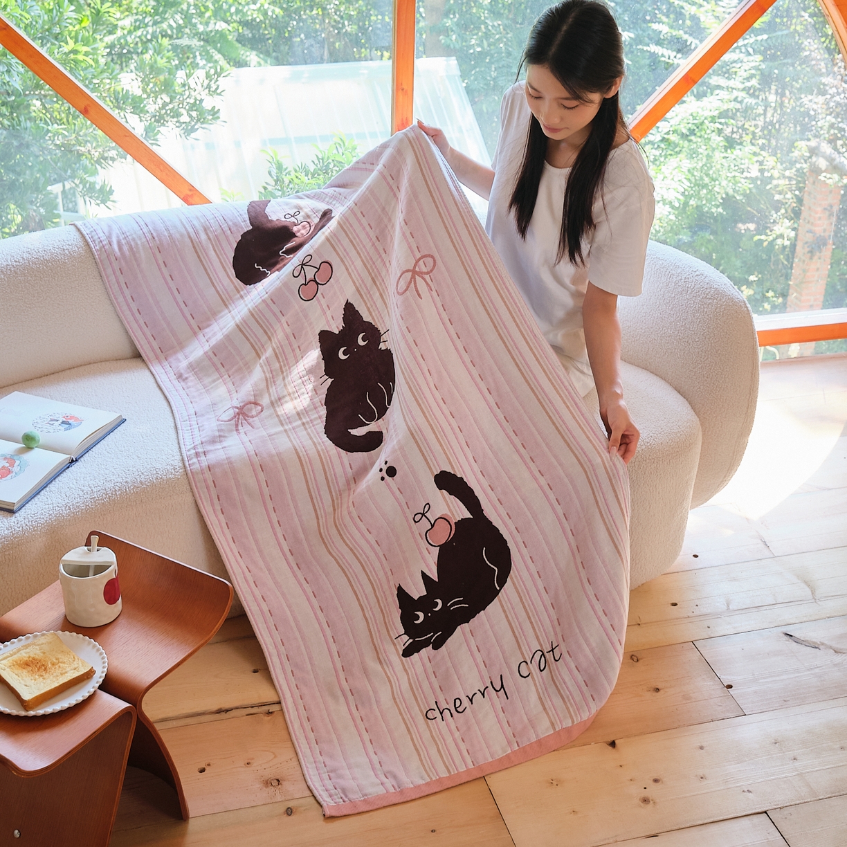 91家纺网 家纺一手货源 找家纺 沐瑟家纺 2025新款卡通A类全棉四层纱布浴巾加大毛巾-第一组 三小只 80*160cm