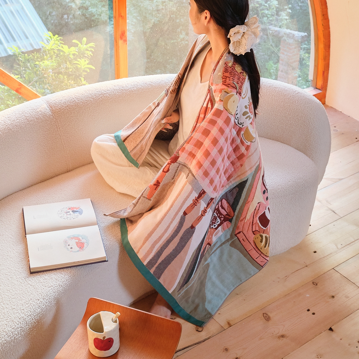 91家纺网 家纺一手货源 找家纺 沐瑟家纺 2025新款卡通A类全棉四层纱布浴巾加大毛巾-第一组 悠闲时光 80*160cm