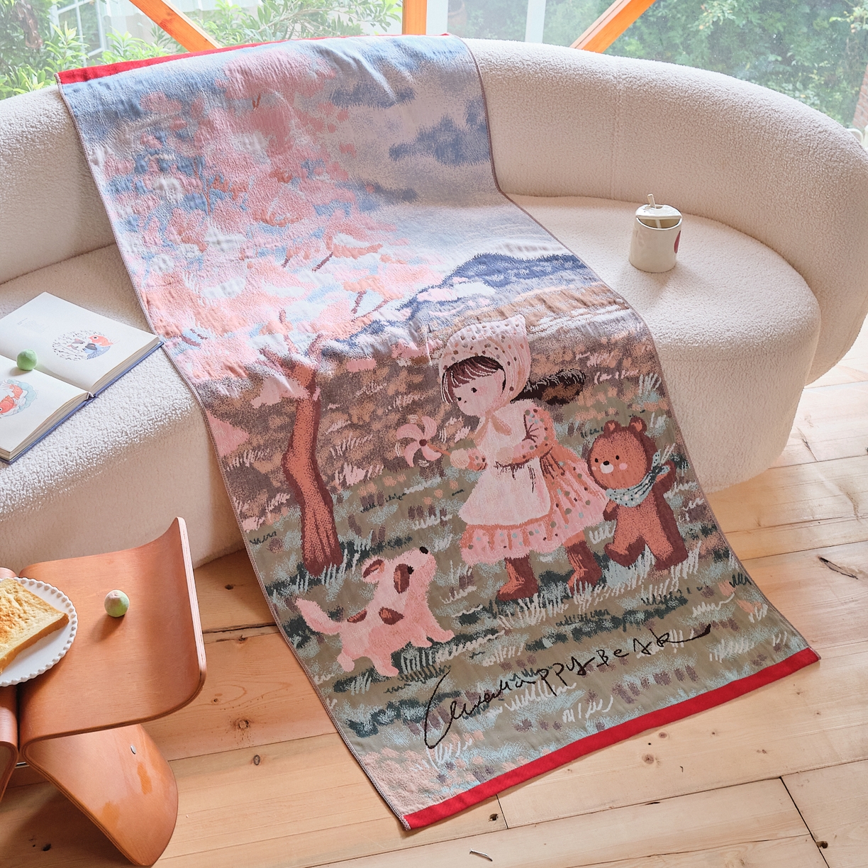 91家纺网 家纺一手货源 找家纺 沐瑟家纺 2025新款卡通A类全棉四层纱布浴巾加大毛巾-第一组 樱花树下 80*160cm