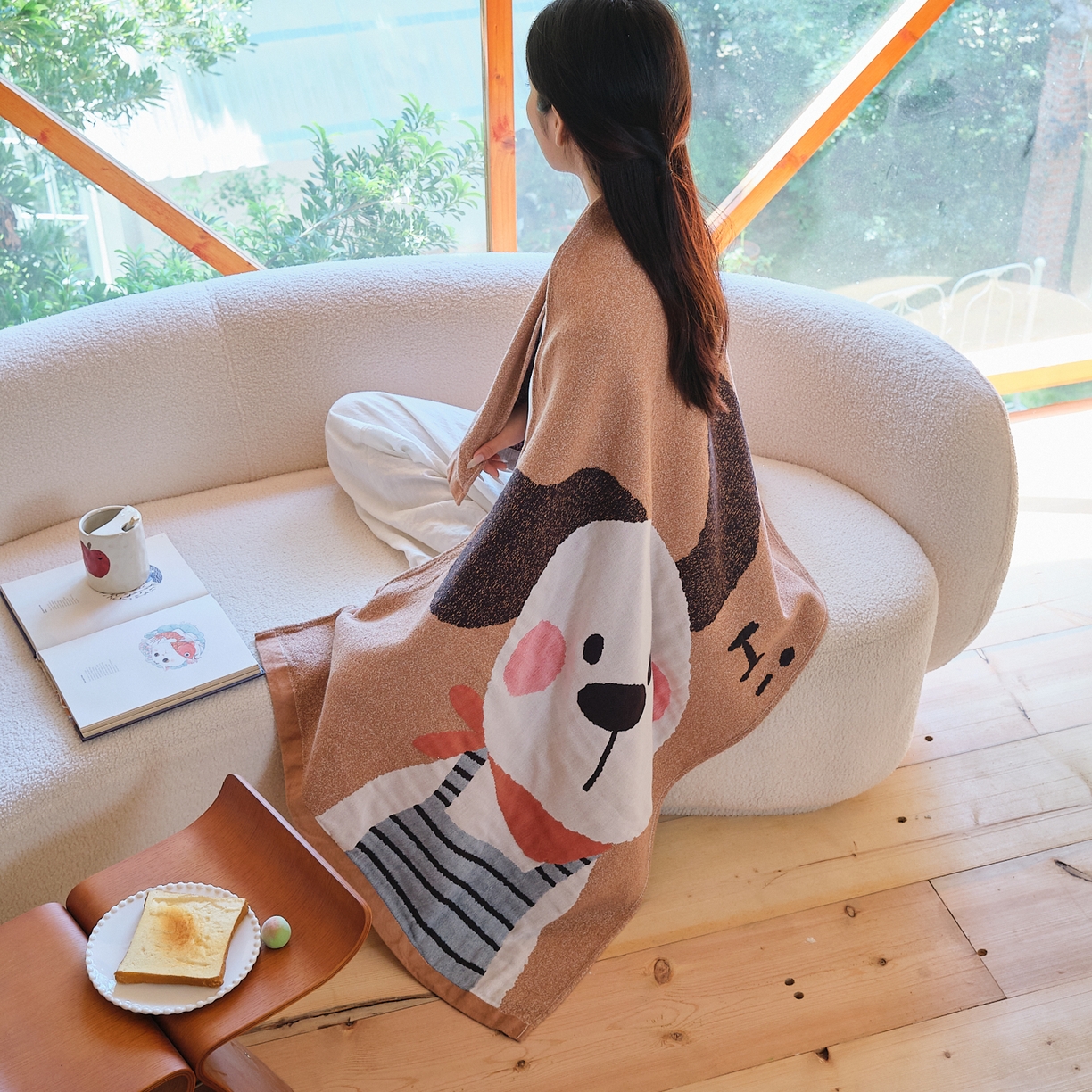 91家纺网 家纺一手货源 找家纺 沐瑟家纺 2025新款卡通A类全棉四层纱布浴巾加大毛巾-第一组 围脖小狗 80*160cm