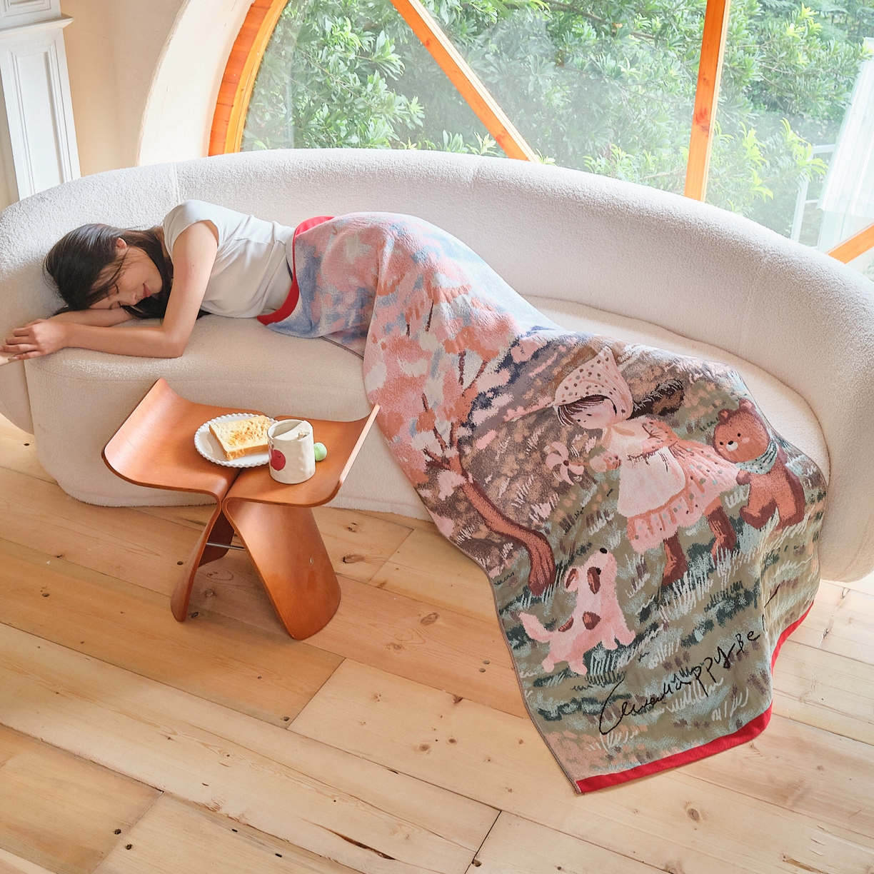 91家纺网 家纺一手货源 找家纺 沐瑟家纺 2025新款卡通A类全棉四层纱布浴巾加大毛巾-第一组 樱花树下 80*160cm