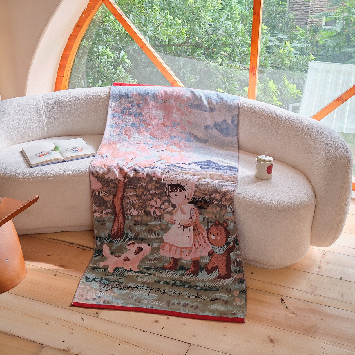 91家纺网 家纺一手货源 找家纺 沐瑟家纺 2025新款卡通A类全棉四层纱布浴巾加大毛巾-第一组 樱花树下 80*160cm