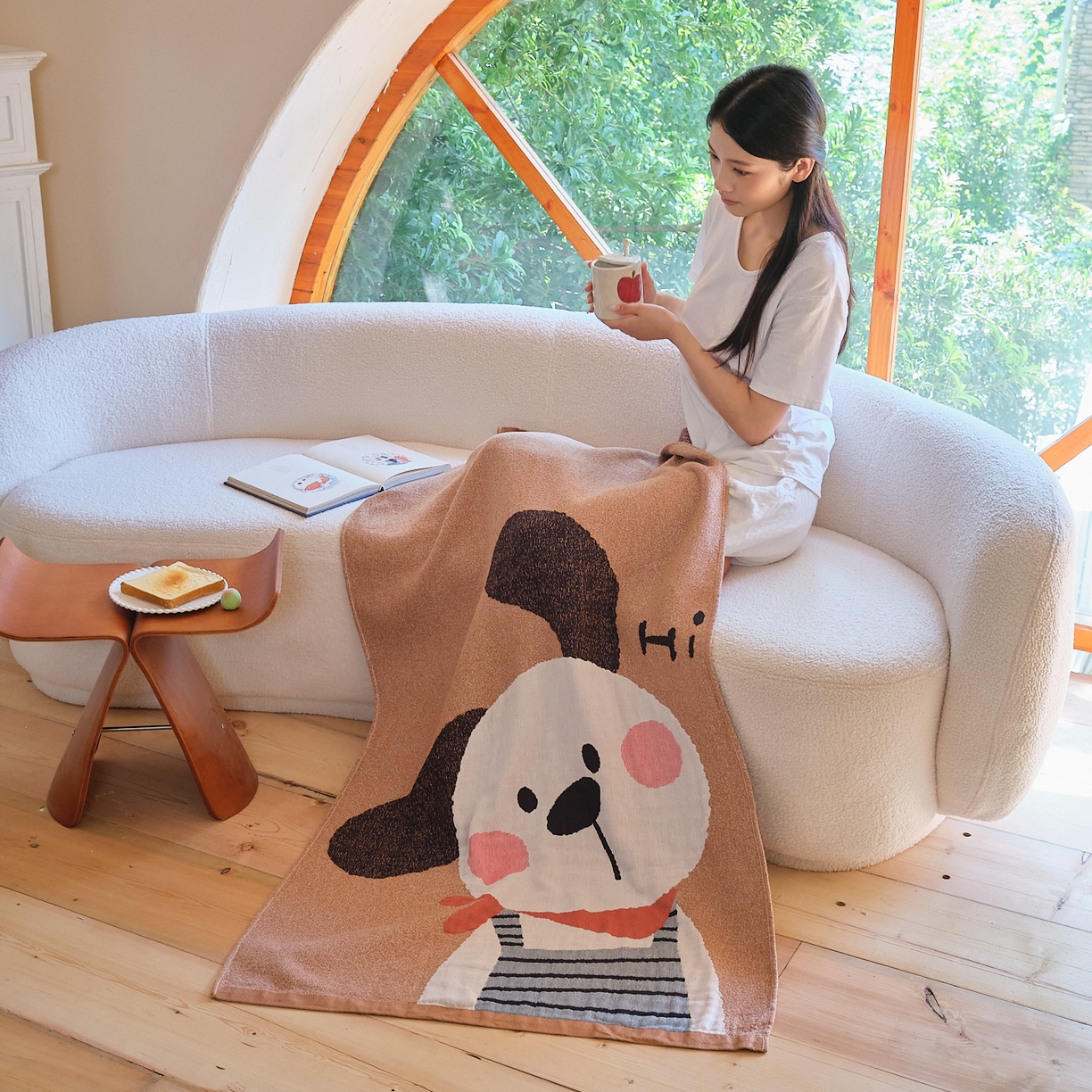 91家纺网 家纺一手货源 找家纺 沐瑟家纺 2025新款卡通A类全棉四层纱布浴巾加大毛巾-第一组 围脖小狗 80*160cm