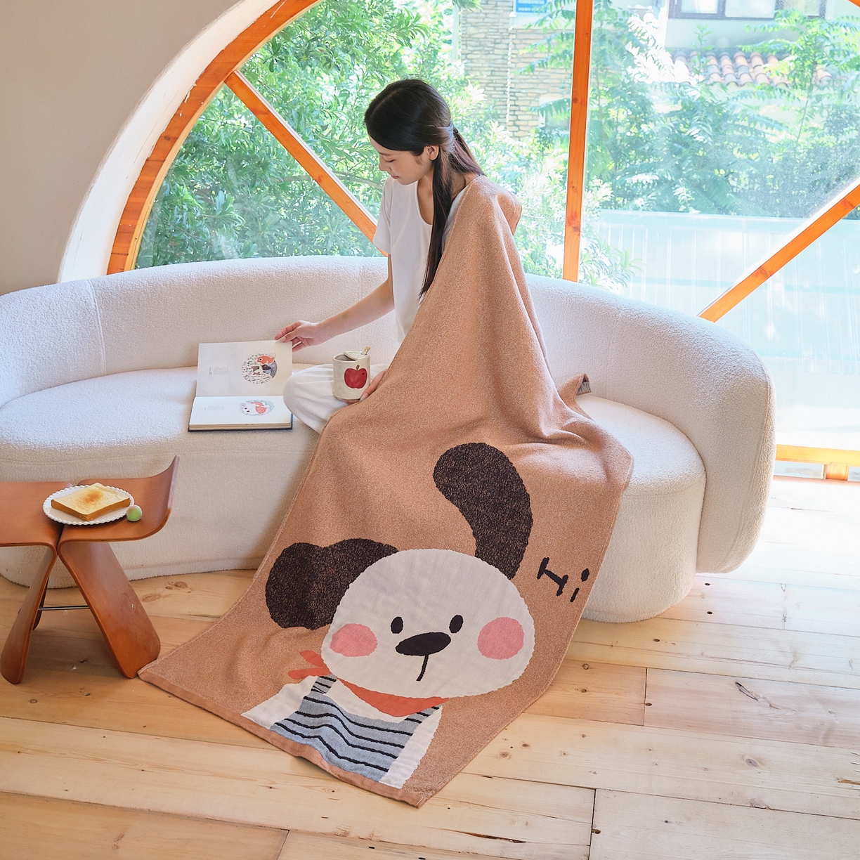 91家纺网 家纺一手货源 找家纺 沐瑟家纺 2025新款卡通A类全棉四层纱布浴巾加大毛巾-第一组 围脖小狗 80*160cm