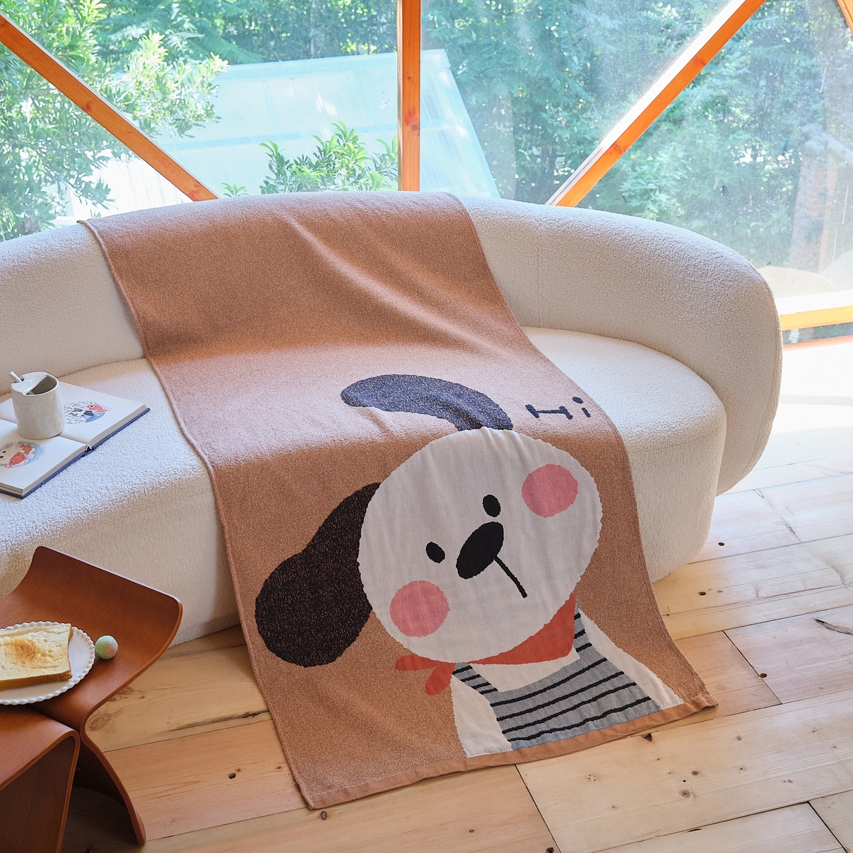 91家纺网 家纺一手货源 找家纺 沐瑟家纺 2025新款卡通A类全棉四层纱布浴巾加大毛巾-第一组 围脖小狗 80*160cm