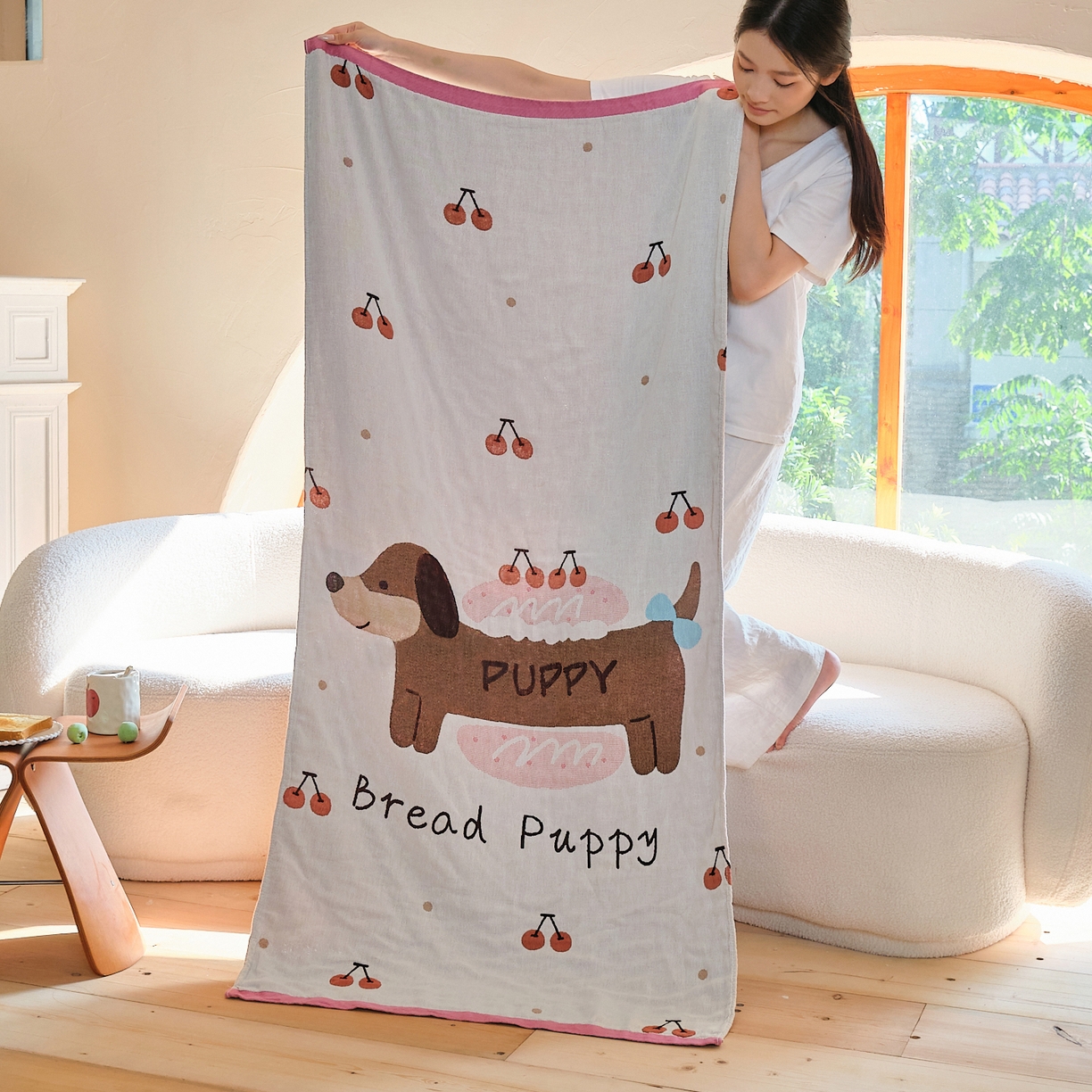 沐瑟家纺 2025新款卡通A类全棉四层纱布浴巾加大毛巾-第一组 腊肠狗 80*160cm