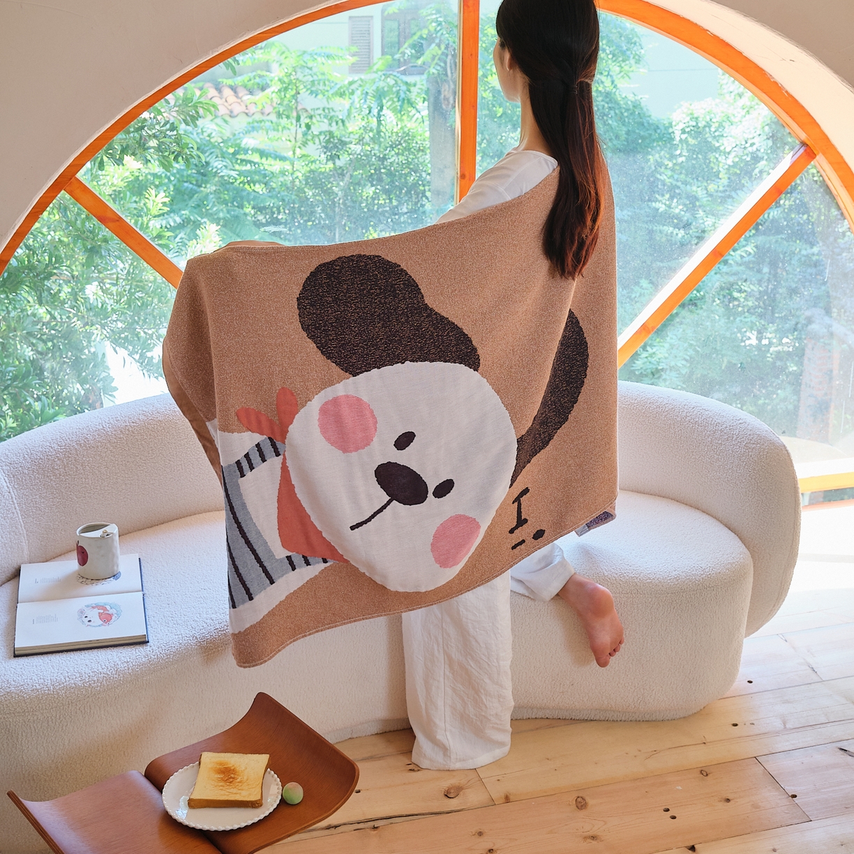 91家纺网 家纺一手货源 找家纺 沐瑟家纺 2025新款卡通A类全棉四层纱布浴巾加大毛巾-第一组 围脖小狗 80*160cm