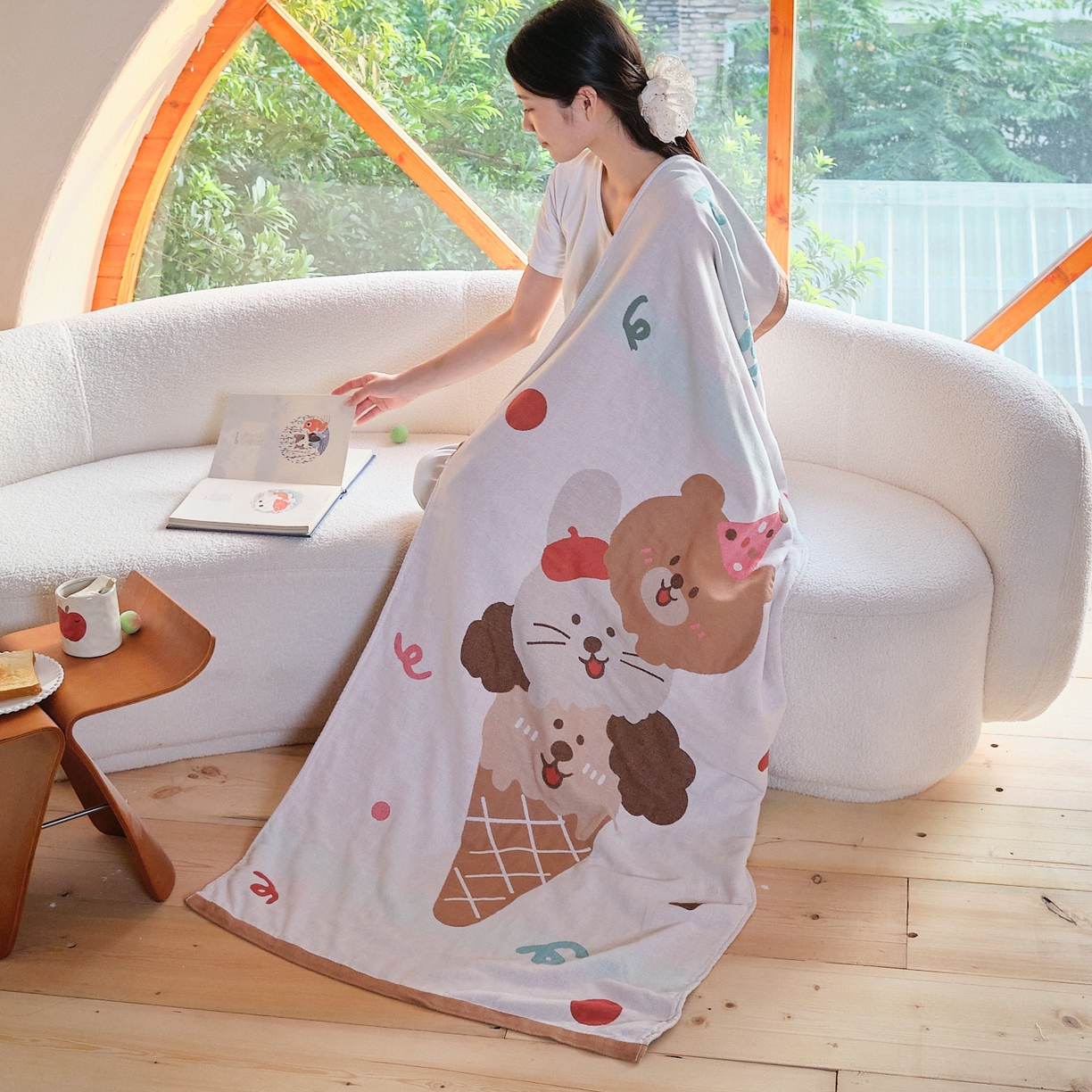 91家纺网 家纺一手货源 找家纺 沐瑟家纺 2025新款卡通A类全棉四层纱布浴巾加大毛巾-第一组 甜蜜宝贝 80*160cm