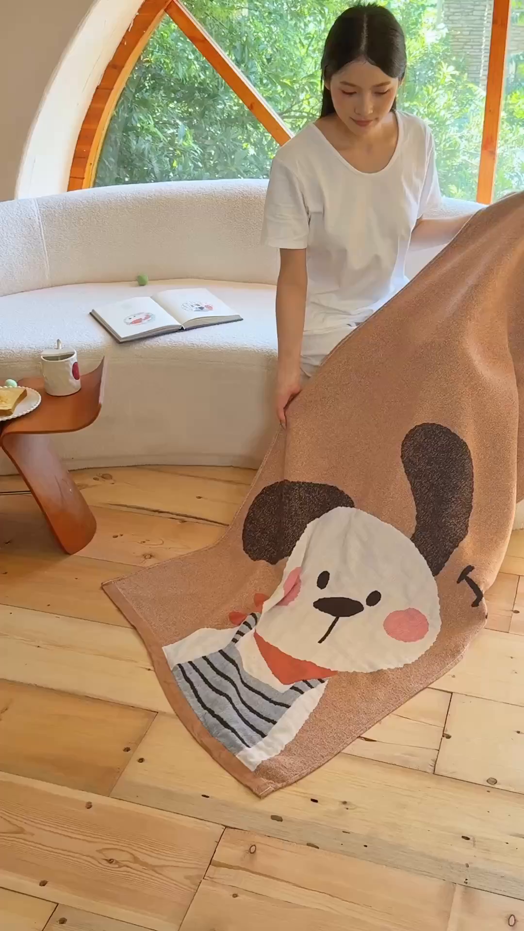 91家纺网 家纺一手货源 找家纺 沐瑟家纺 2025新款卡通A类全棉四层纱布浴巾加大毛巾-第一组 围脖小狗 80*160cm