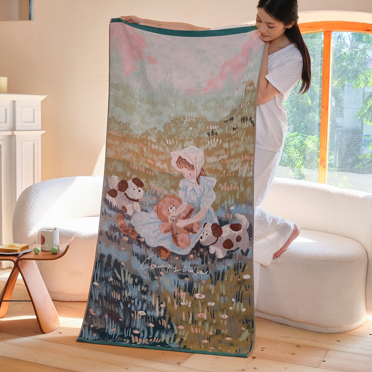 沐瑟家纺 2025新款卡通A类全棉四层纱布浴巾加大毛巾-第一组 花丛女孩 80*160cm