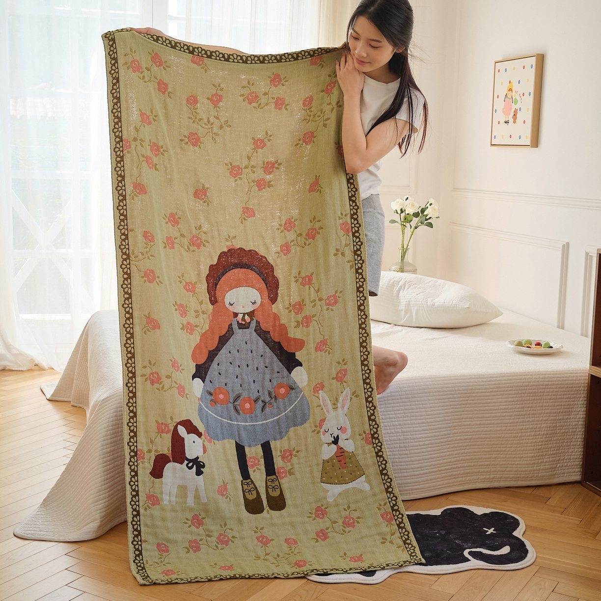 沐瑟家紡 2025新款卡通A類全棉四層紗布浴巾加大毛巾-第二組 邂逅薔薇 80*160cm