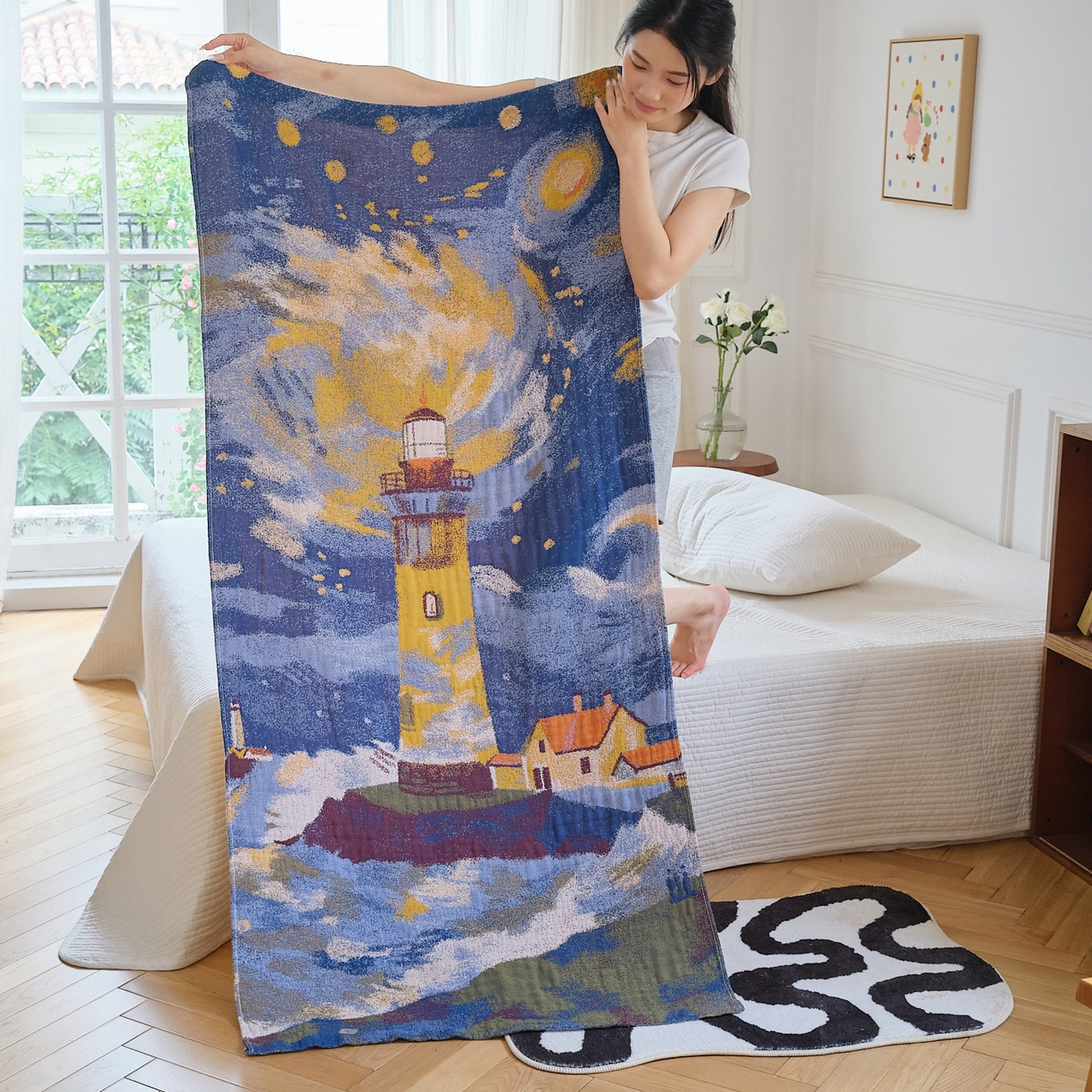 沐瑟家紡 2025新款卡通A類全棉四層紗布浴巾加大毛巾-第二組 暮色燈塔 80*160cm