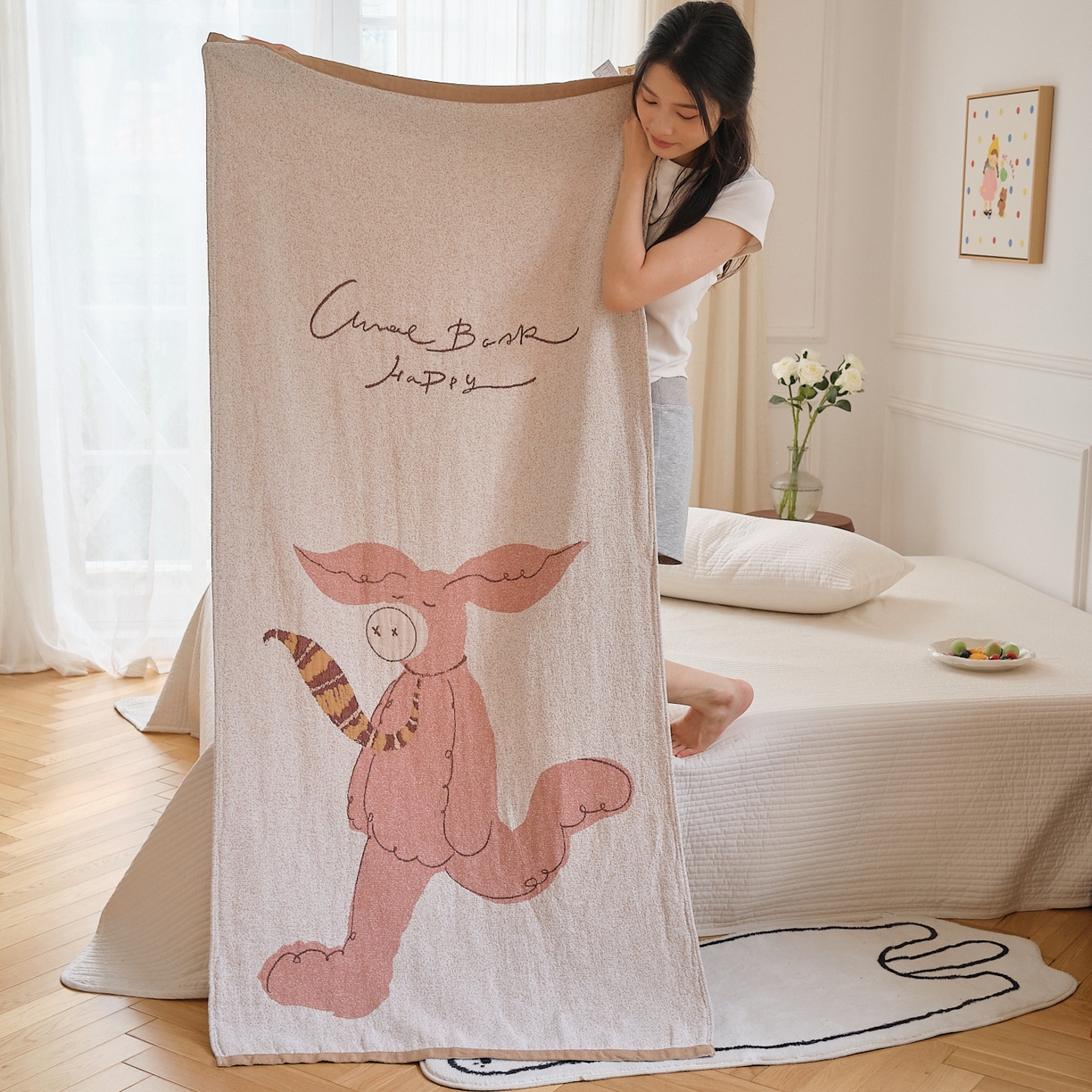 沐瑟家紡 2025新款卡通A類全棉四層紗布浴巾加大毛巾-第二組 暴走豬 80*160cm