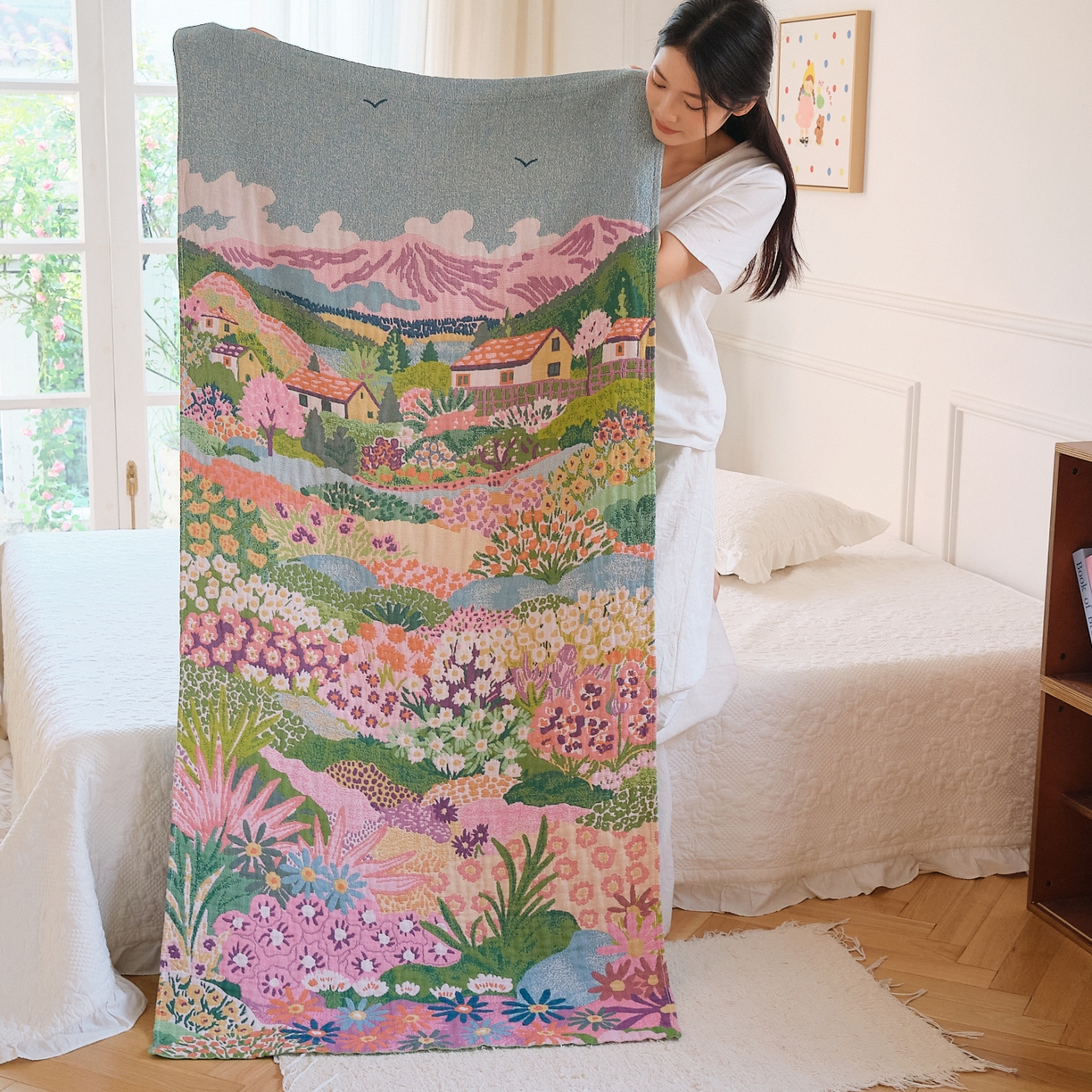 沐瑟家紡 2025新款卡通A類全棉四層紗布浴巾加大毛巾-第二組 夢幻故里 80*160cm