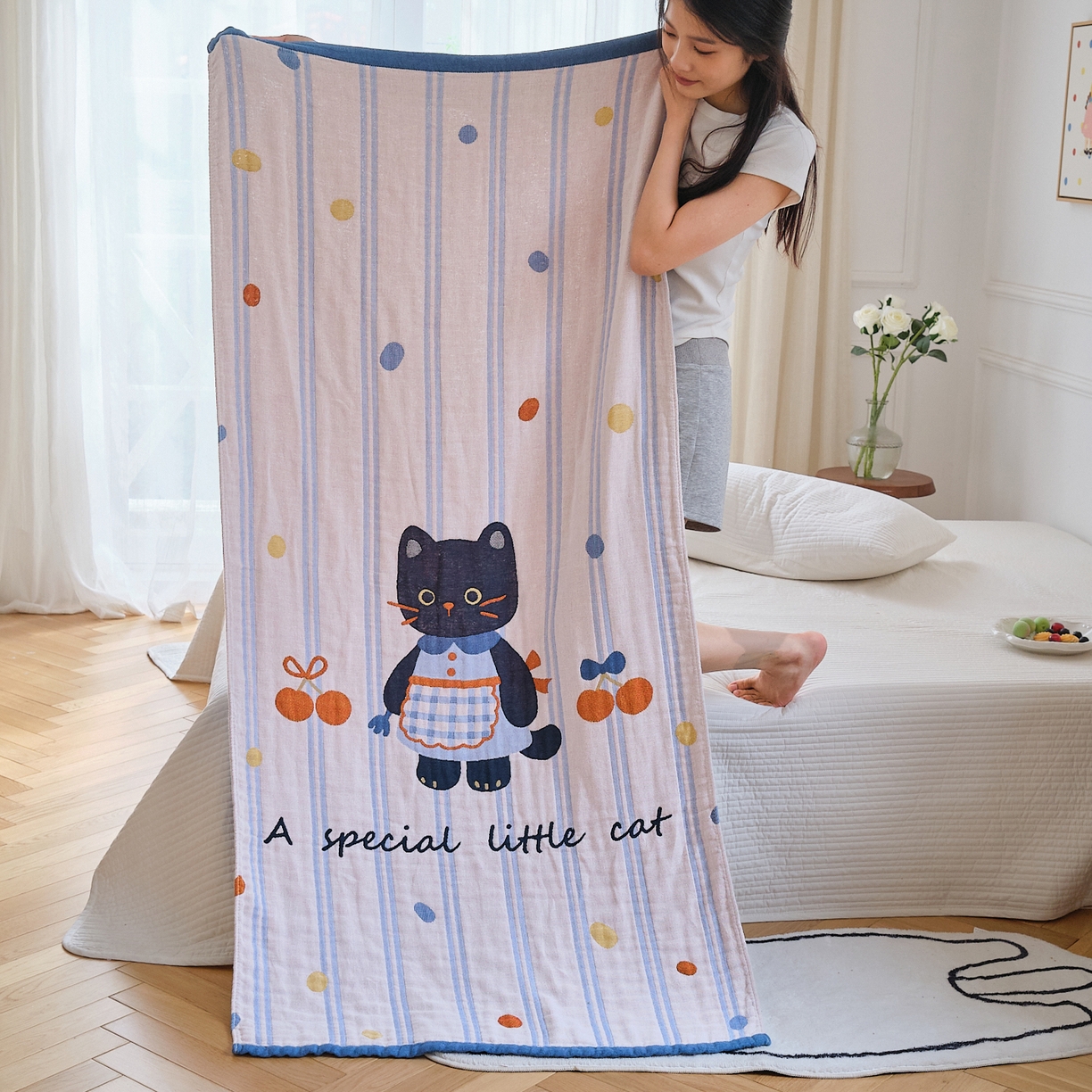 沐瑟家紡 2025新款卡通A類全棉四層紗布浴巾加大毛巾-第二組 小黑貓 80*160cm