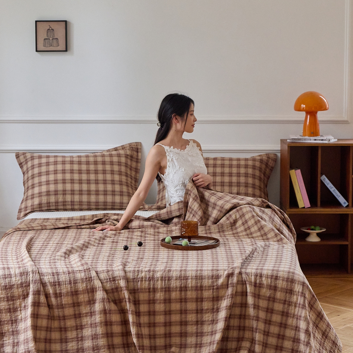 91家纺网 家纺一手货源 找家纺 沐瑟家纺 2025新款亲肤舒适色织提花纱布床盖三件套盖毯毯子-赫本系列 赫本-卡其