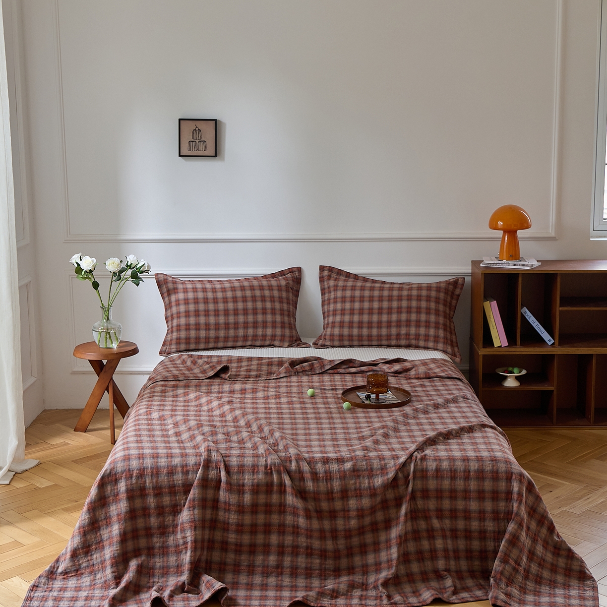 91家纺网 家纺一手货源 找家纺 沐瑟家纺 2025新款亲肤舒适色织提花纱布床盖三件套盖毯毯子-赫本系列 赫本-红棕