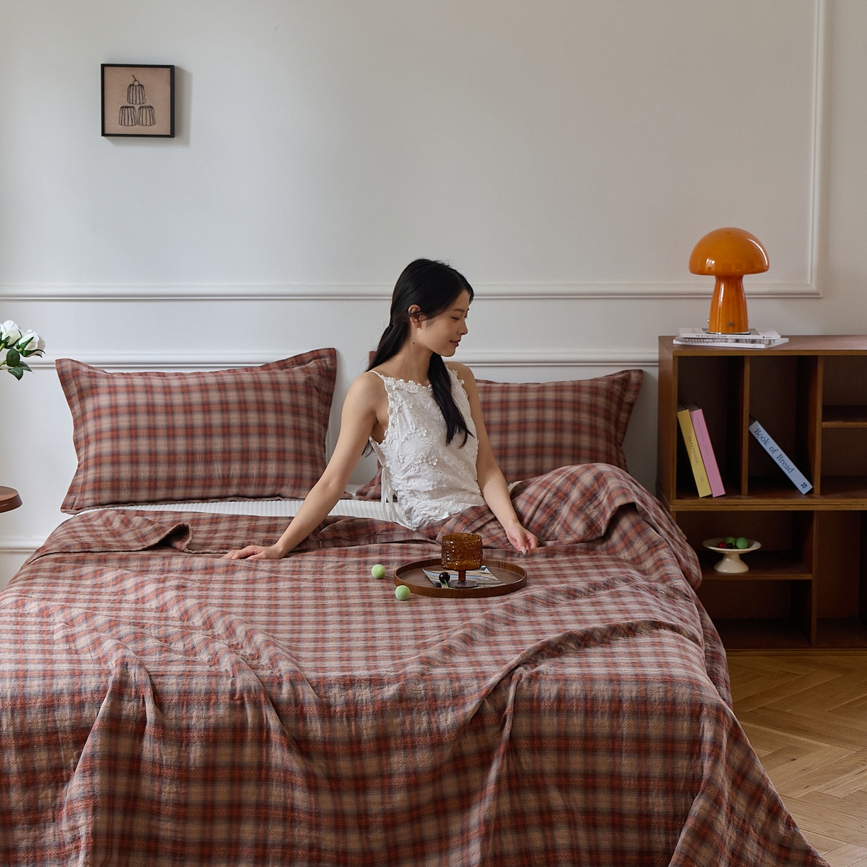 沐瑟家纺 2025新款亲肤舒适色织提花纱布床盖三件套盖毯毯子-赫本系列 赫本-红棕