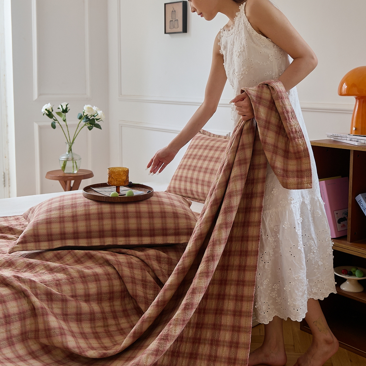 91家纺网 家纺一手货源 找家纺 沐瑟家纺 2025新款亲肤舒适色织提花纱布床盖三件套盖毯毯子-赫本系列 赫本-乌梅粉