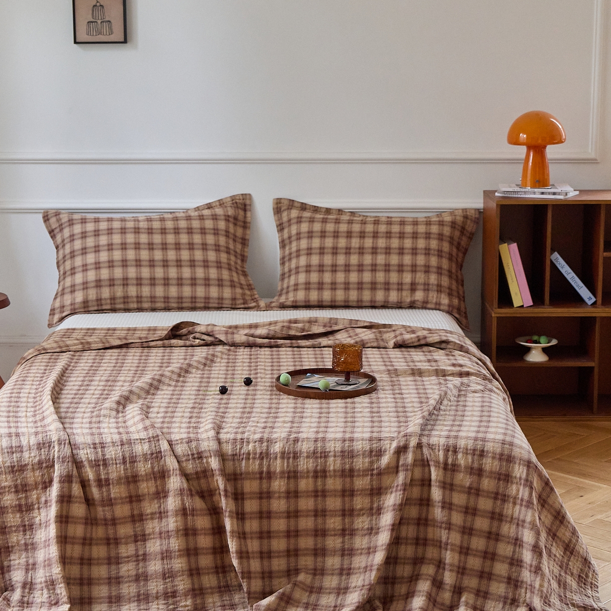 91家纺网 家纺一手货源 找家纺 沐瑟家纺 2025新款亲肤舒适色织提花纱布床盖三件套盖毯毯子-赫本系列 赫本-卡其