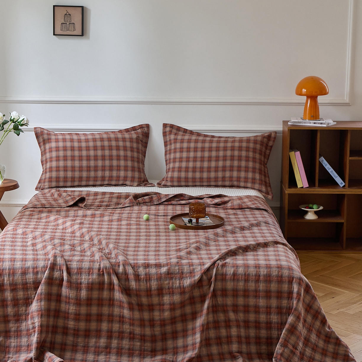 91家纺网 家纺一手货源 找家纺 沐瑟家纺 2025新款亲肤舒适色织提花纱布床盖三件套盖毯毯子-赫本系列 赫本-红棕