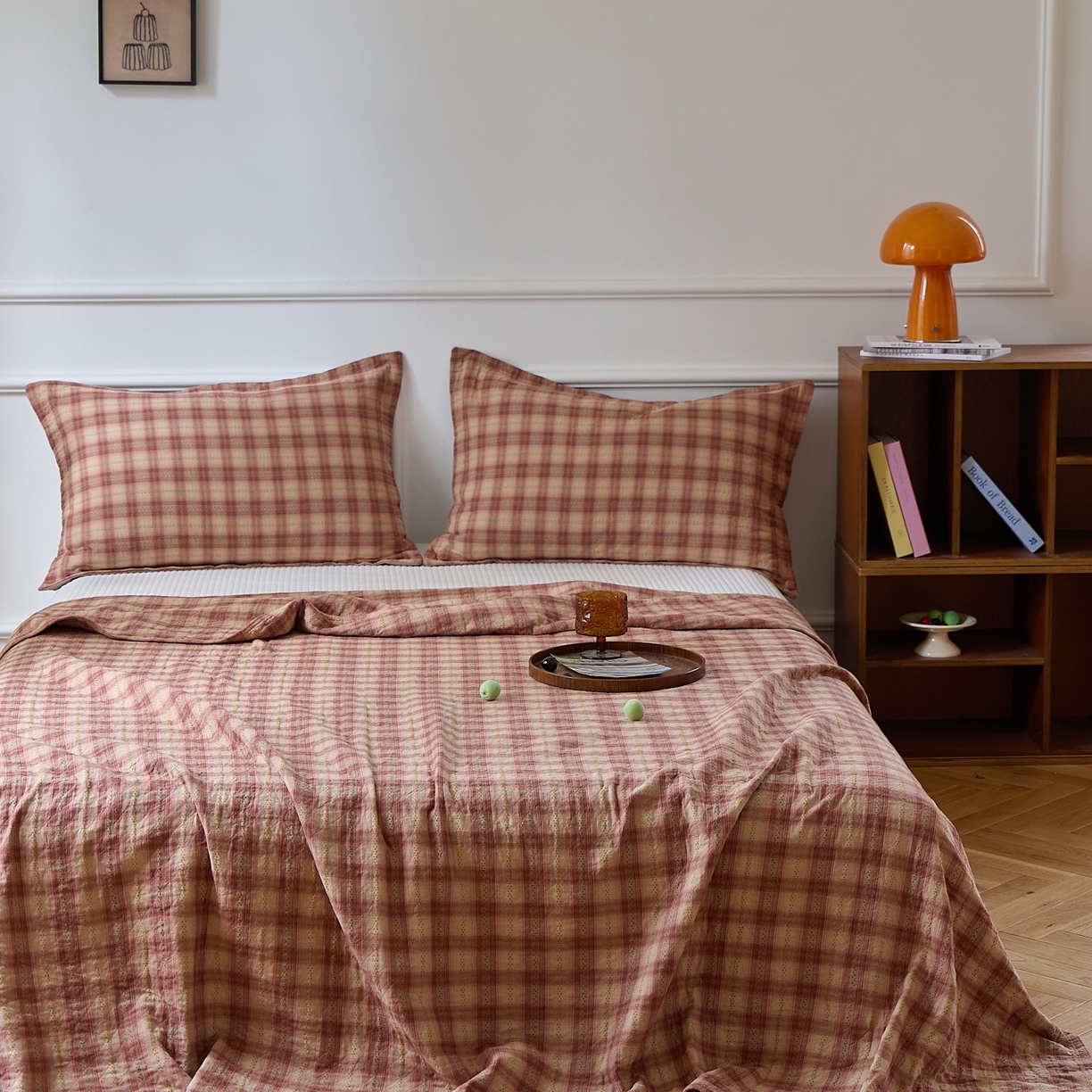 91家纺网 家纺一手货源 找家纺 沐瑟家纺 2025新款亲肤舒适色织提花纱布床盖三件套盖毯毯子-赫本系列 赫本-乌梅粉