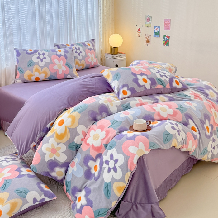 91家纺网 家纺一手货源 找家纺 仟网汇 2025新款直播热款跑量牛奶绒印花款四件套 太阳花