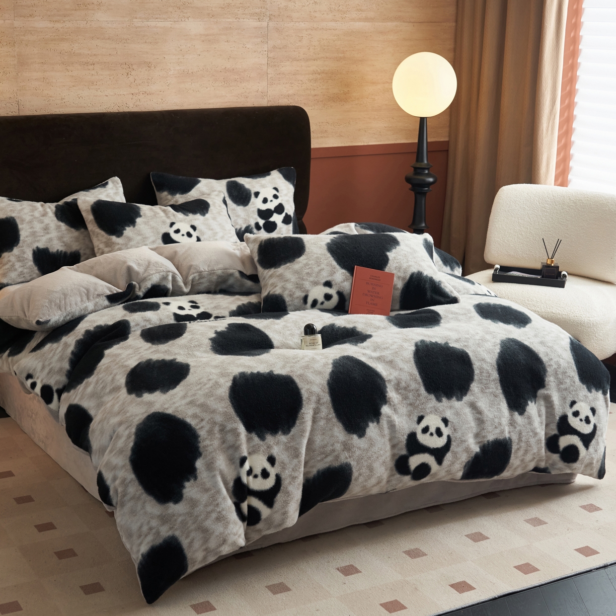 91家纺网 家纺一手货源 找家纺 晨曦家纺 2025新款加厚加绒羊驼绒四件套牛奶绒四件套 熊猫潘达