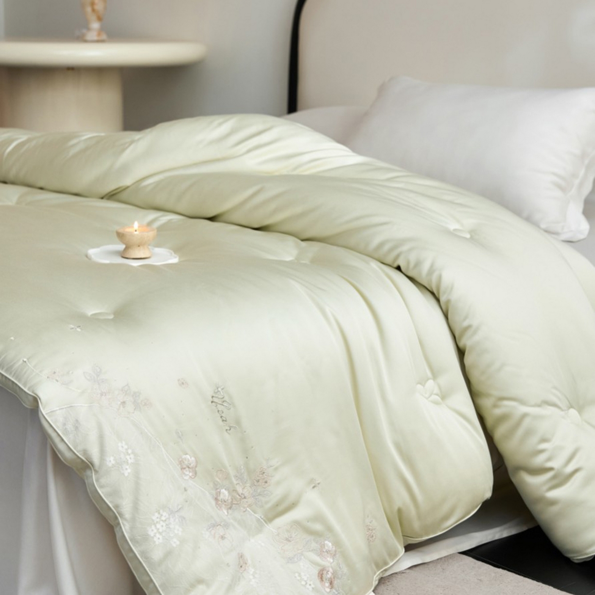 91家纺网 家纺一手货源 找家纺 玖玖爱家纺 2025新款蚕皙暖意绣花被被子被芯 青雅绿