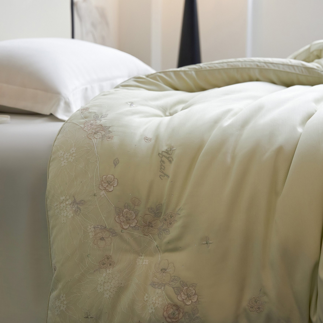 91家纺网 家纺一手货源 找家纺 玖玖爱家纺 2025新款蚕皙暖意绣花被被子被芯 青雅绿