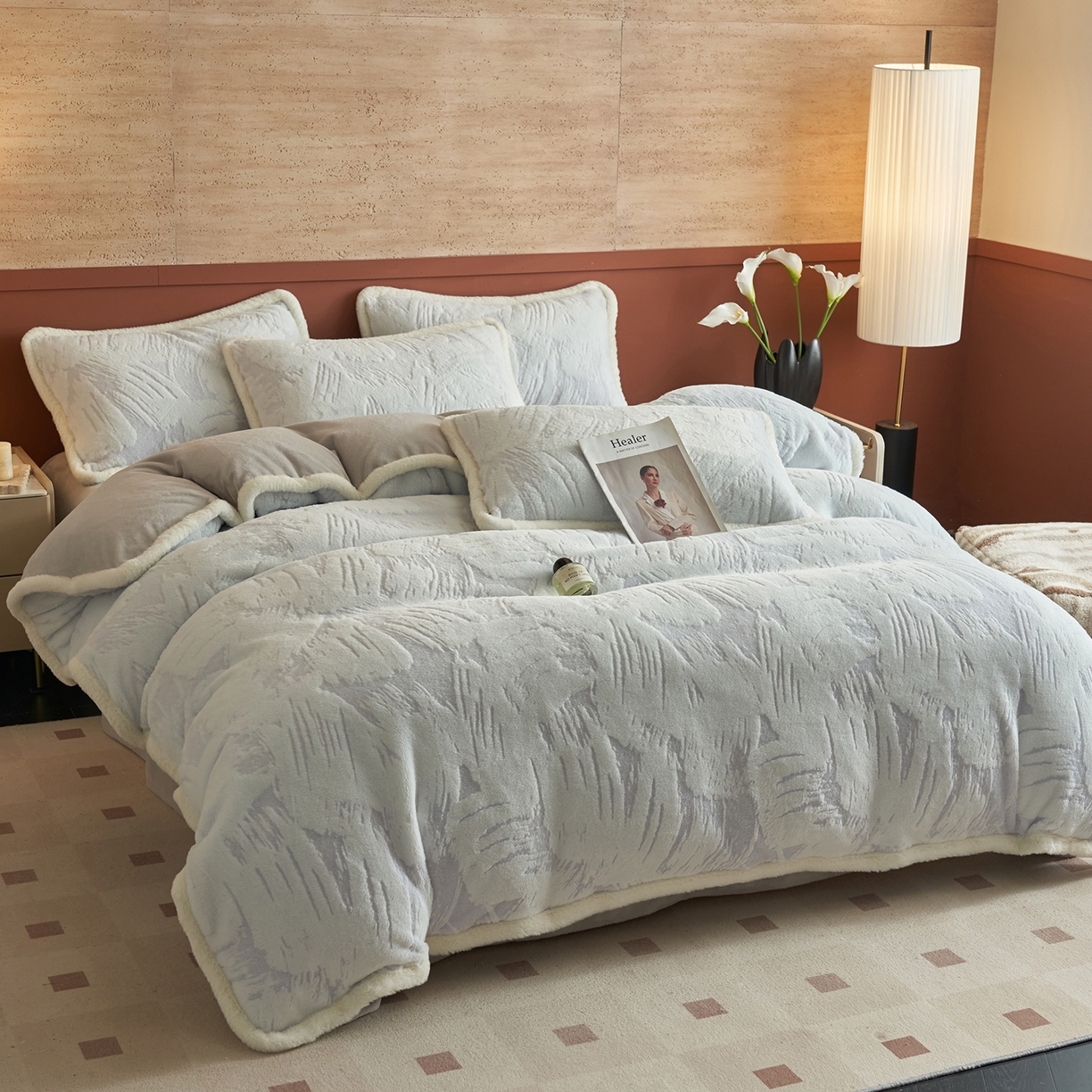 91家纺网 家纺一手货源 找家纺 晨曦家纺 2025新款高克重兔毛绒浪花四件套牛奶绒四件套兔毛边床品 莫奈花廊