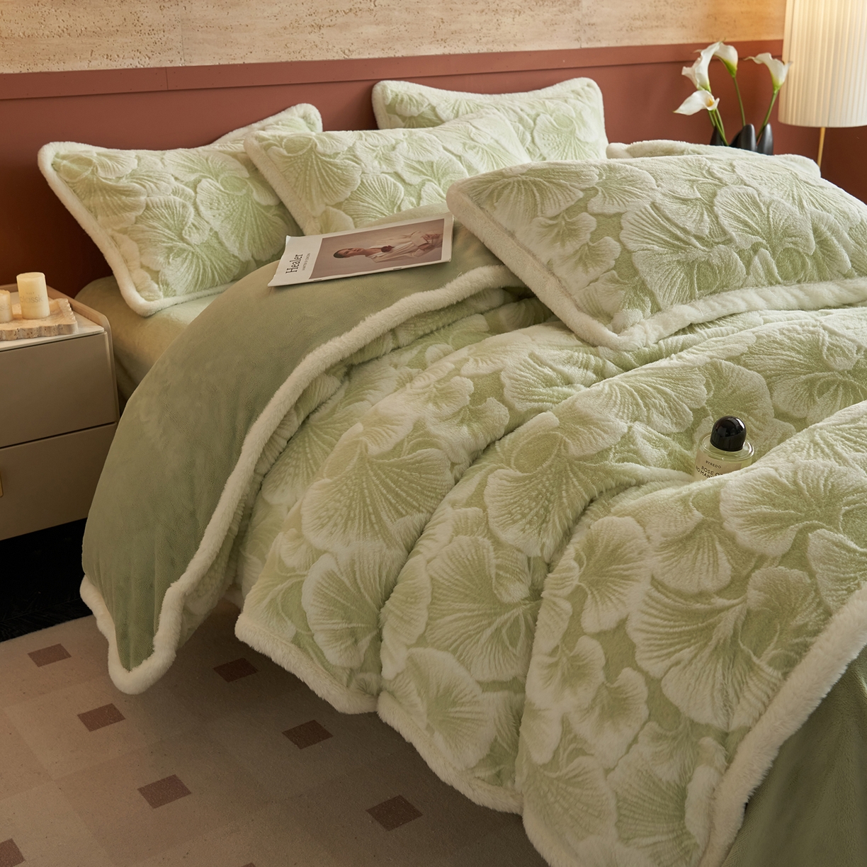 91家纺网 家纺一手货源 找家纺 晨曦家纺 2025新款高克重兔毛绒浪花四件套牛奶绒四件套兔毛边床品 约瑟芬