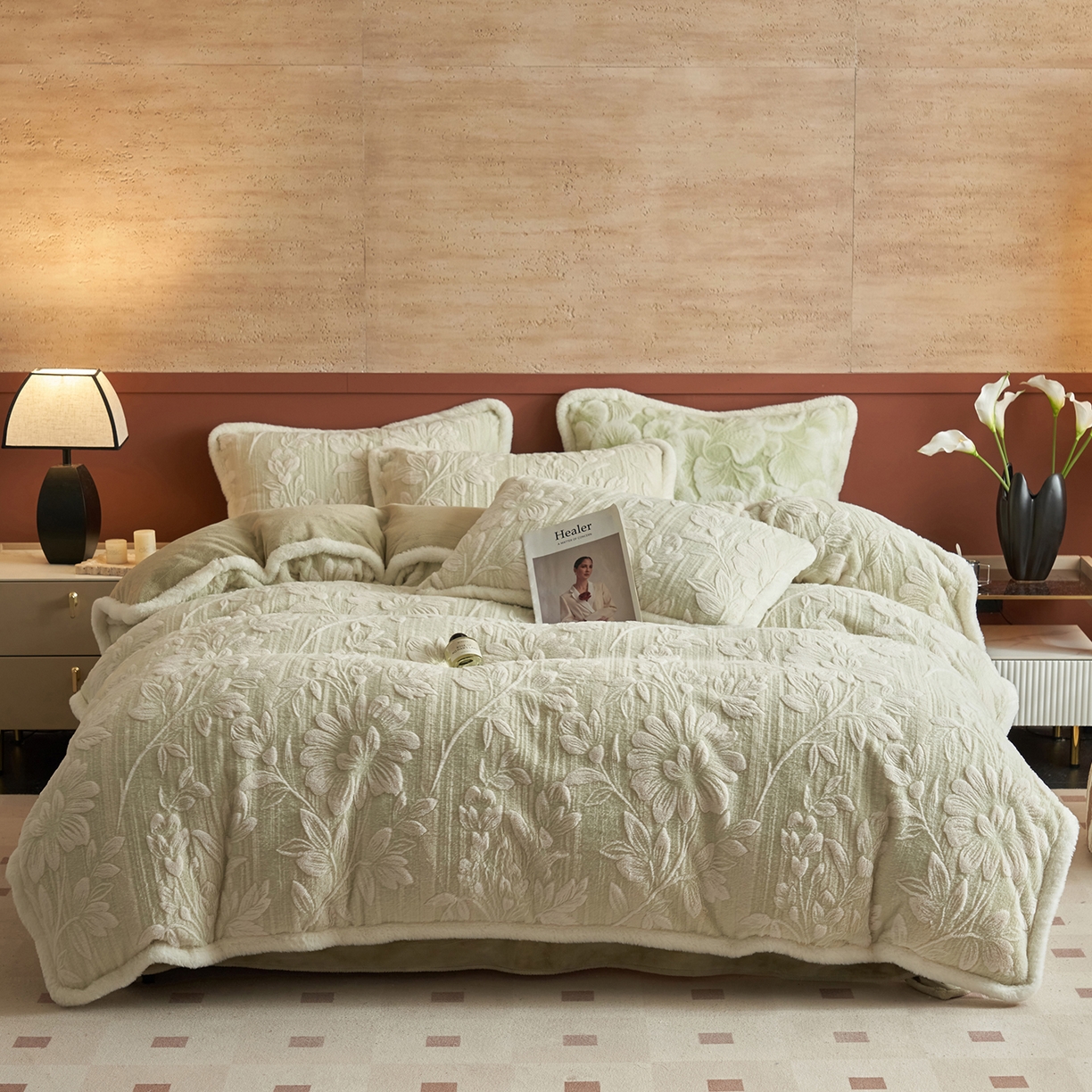 91家纺网 家纺一手货源 找家纺 晨曦家纺 2025新款高克重兔毛绒浪花四件套牛奶绒四件套兔毛边床品 泽米拉