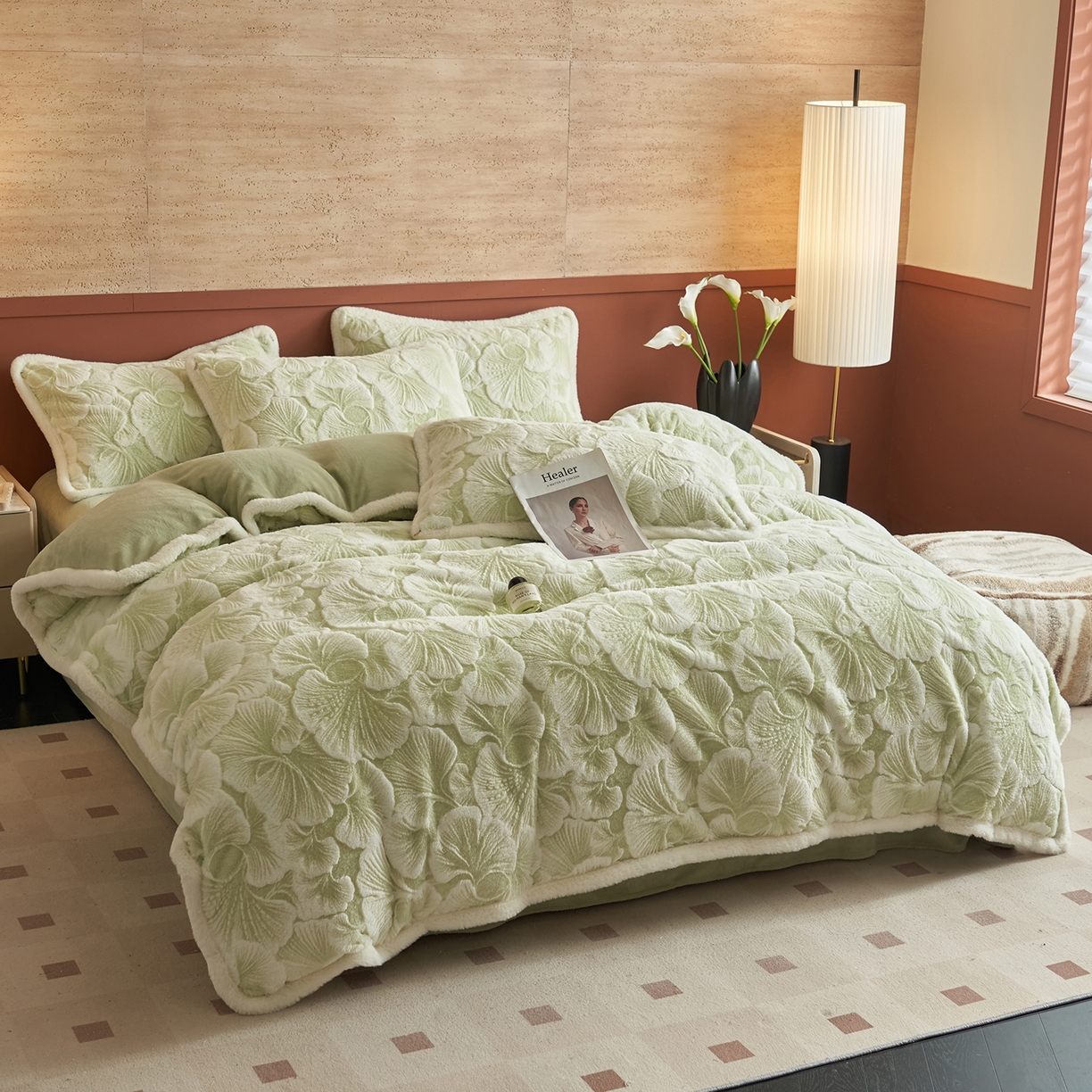 91家纺网 家纺一手货源 找家纺 晨曦家纺 2025新款高克重兔毛绒浪花四件套牛奶绒四件套兔毛边床品 约瑟芬