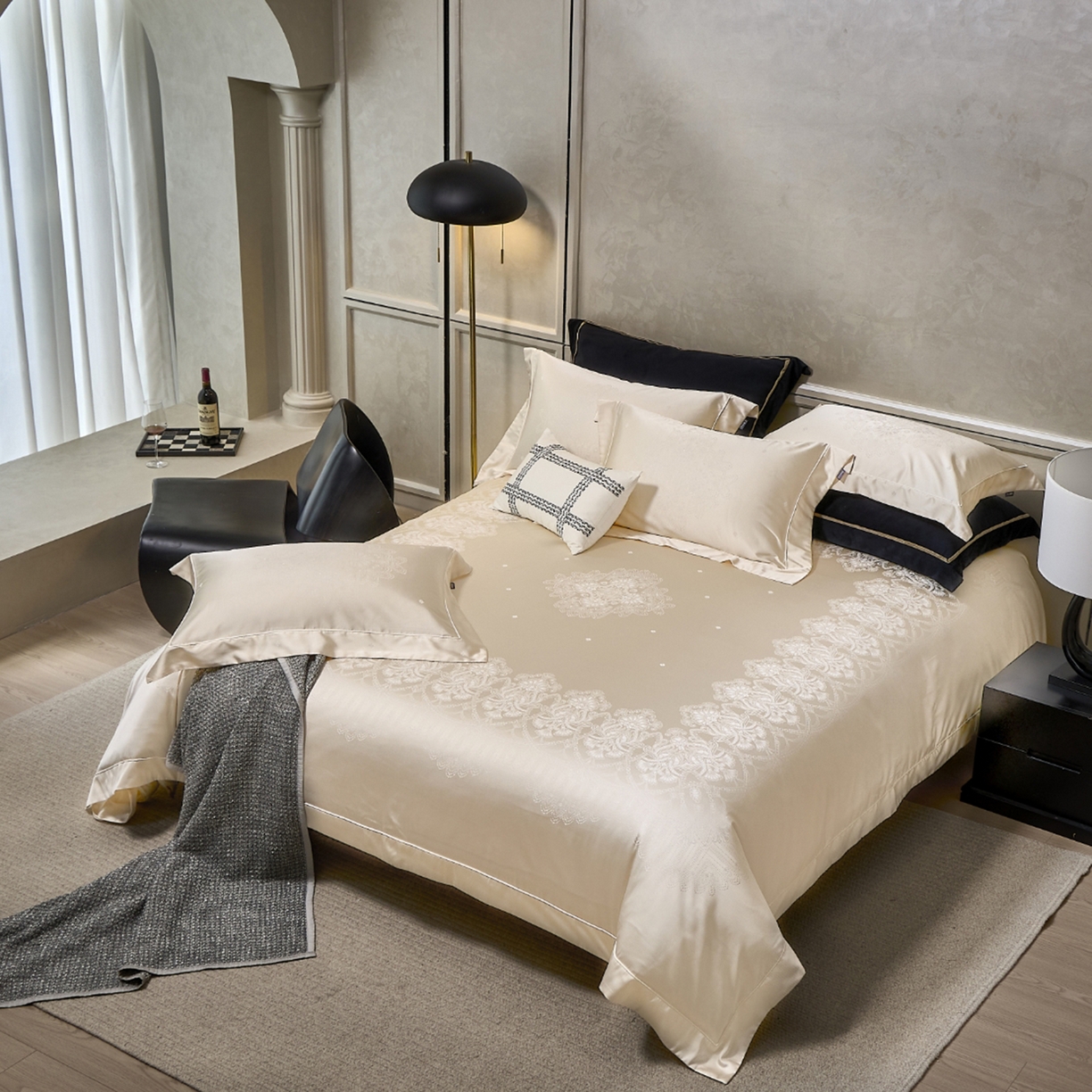 91家纺网 家纺一手货源 找家纺 玖玖爱家纺 2025秋冬限定奢宠色织真丝缎四件套-韵合雅 韵合雅-奶青白