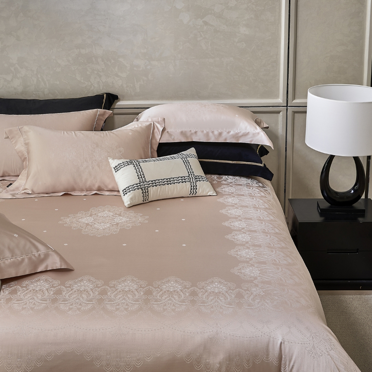 玖玖爱家纺 2025秋冬限定奢宠色织真丝缎四件套-韵合雅 韵合雅-贝壳粉