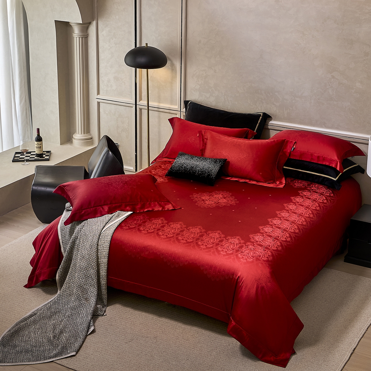 91家纺网 家纺一手货源 找家纺 玖玖爱家纺 2025秋冬限定奢宠色织真丝缎四件套-韵合雅 韵合雅-千禧红